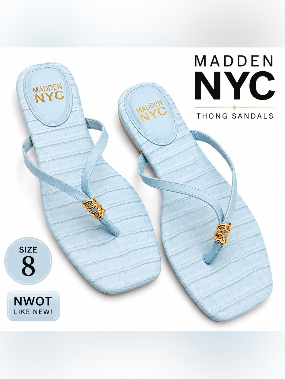 Madden NYC Women's Light Blue Thong Sandals - Gold Accent